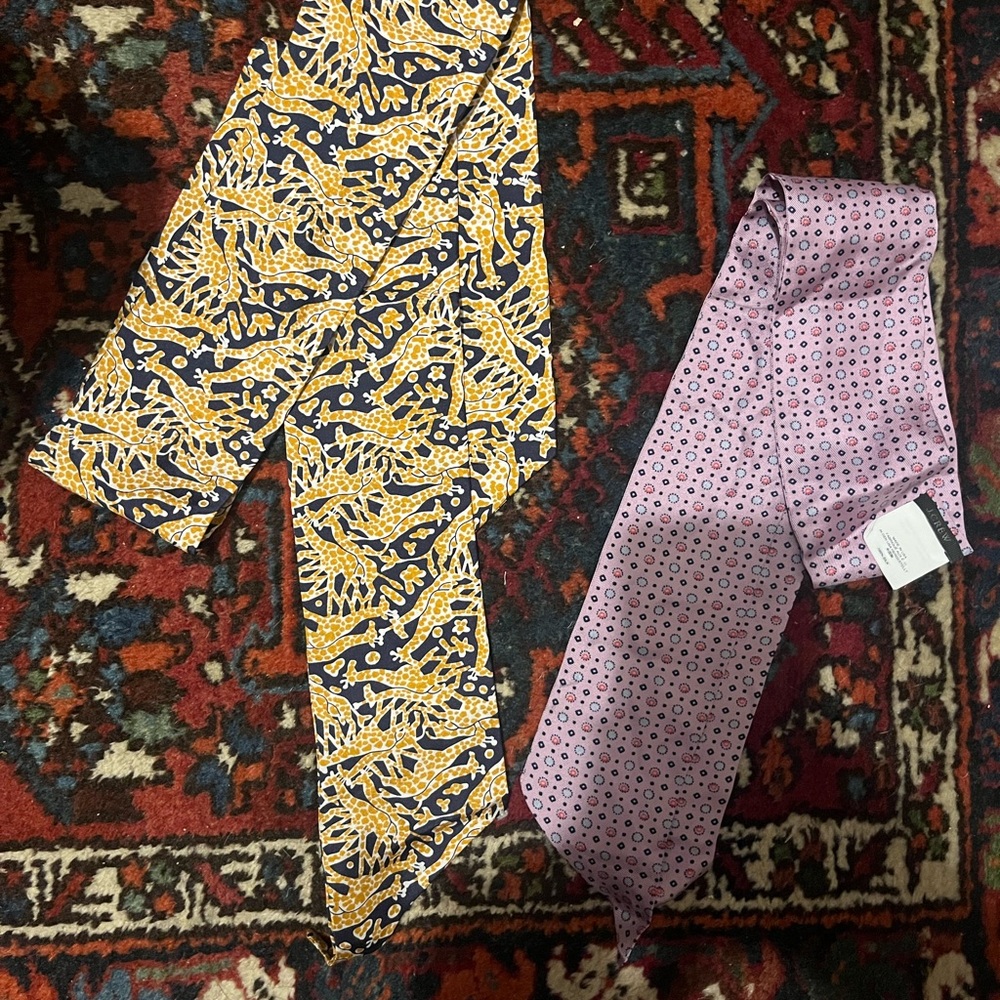 J. Crew Navy & Mustard Printed Silk Scarf and Pink Patterned Silk Tie - Set